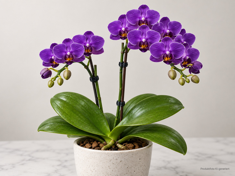 A flowering Phalaenopsis orchid with many bright purple flowers and a few closed buds. Yellow-orange accents in the centre. Large, dark green, glossy leaves in a light-coloured pot on a marbled surface.