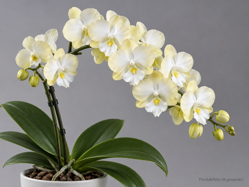 Phalaenopsis ‘Yellow Rabbit’ orchid with an elegant spike of pale yellow flowers. Each flower has a white centre with a delicate yellow accent. Several closed, green buds at the end of the stem. In a white pot.