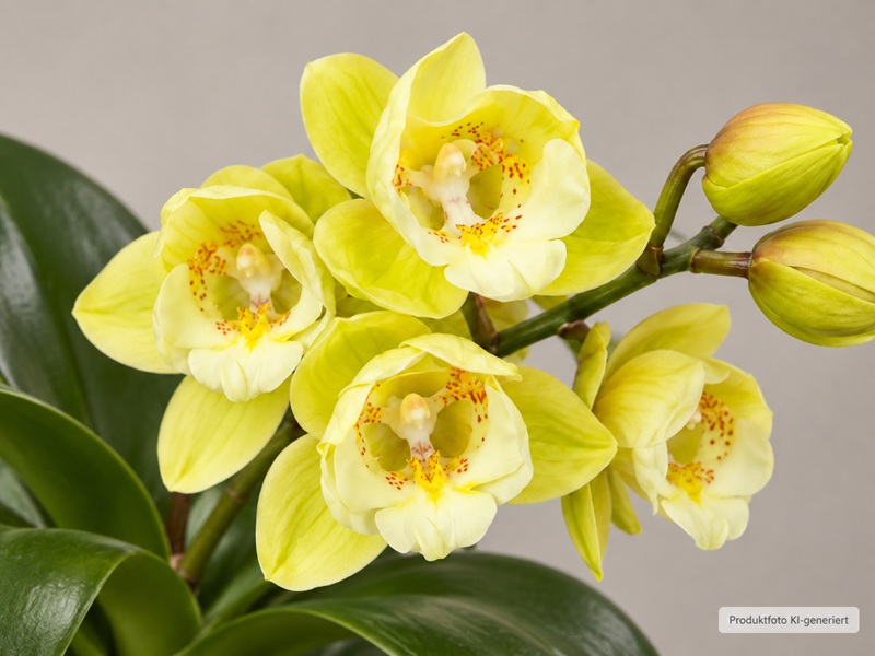 Close-up of a Phalaenopsis ‘Star Lover’ orchid with bright lemon-yellow flowers. Cream-white centre with red and yellow speckles. Green buds on the stem, dark green leaves at the base, light grey background.