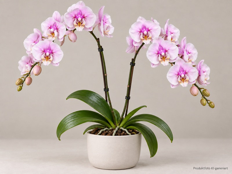 Phalaenopsis peloric orchid with two flower stems, each bearing several pale pink flowers. Each flower has a magenta lip and yellow accents. Surrounded by glossy dark green leaves in a light beige pot.