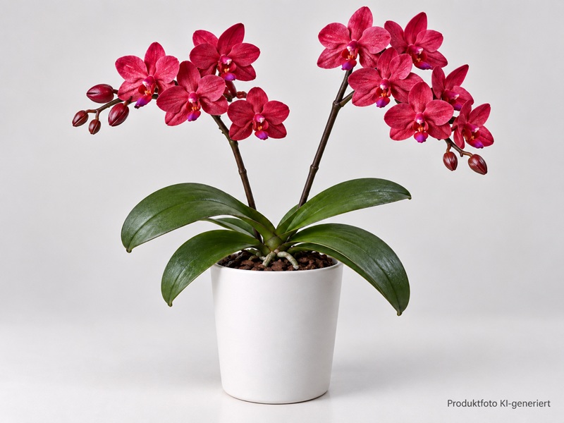 Phalaenopsis orchid with two stems full of bright red flowers and buds in a white pot. The deep red flowers have a dark centre. Glossy, dark green leaves surround the base. Light-coloured, plain background.