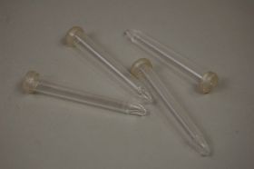 Four transparent, cylindrical tubes with rounded ends lie on a grey background. The tubes have a cream-coloured rim.