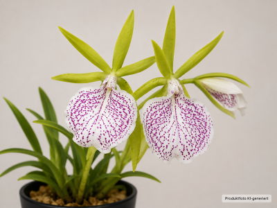 Two flowers of the Brassocattleya Nakhon Pathom Bell orchid in a black pot. Bright green, pointed petals and a large white labellum with dense purple speckles. A bud in the background, narrow green leaves.