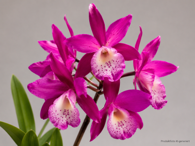 Several bright magenta orchid blooms of the Brassocatanthe Taiwan Mermaid variety on a single stem. Each bloom has radiant magenta petals and a pale yellow lip speckled with dark pink. Green leaves at the bottom left.